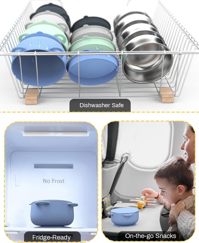 Bakpoco Baby Suction Bowls with Lids 4-Pack, 2-in-1 Stainless Steel 304 Toddler Bowl & Removable Silicone Suction Kids Bowl Plate Set Non Toxic Snack Dishes for Self-Feeding, Ocean Explorer Set - Image 5